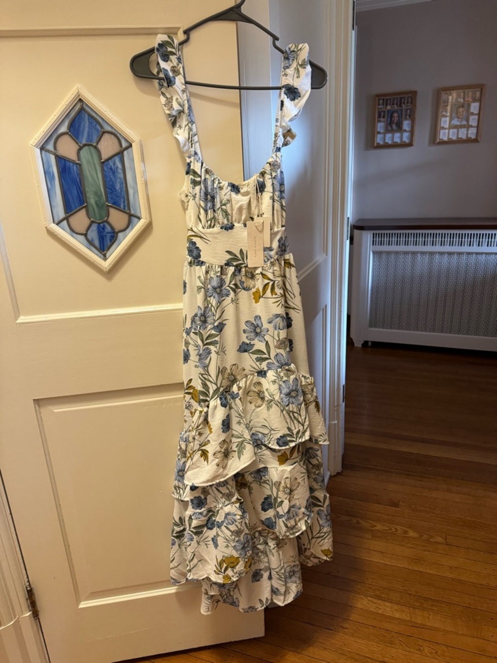 Altar'd State White Floral Ruffle Midi Dress with Blue and Green Accents